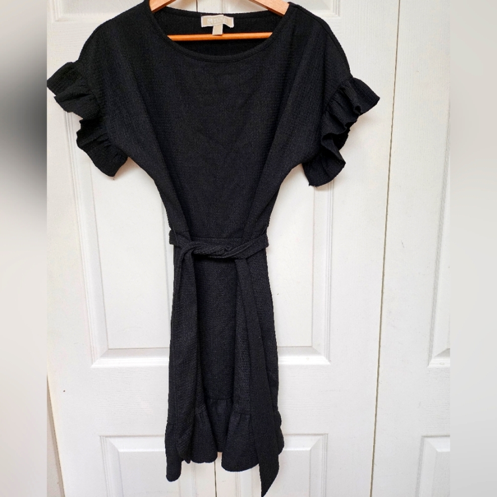Michael Kors Black Ruffled Front Or Back Tie Midi Dress Size Small But Stretchy